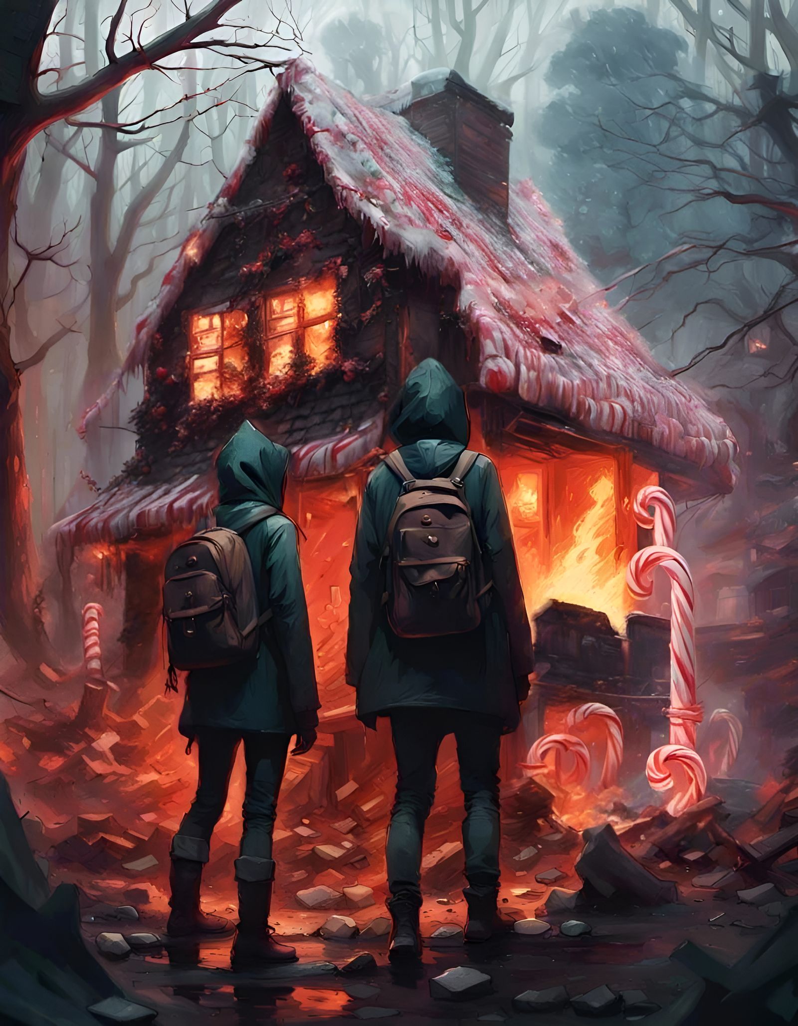 Burning Candy Cottage in Dark Fantasy Forest