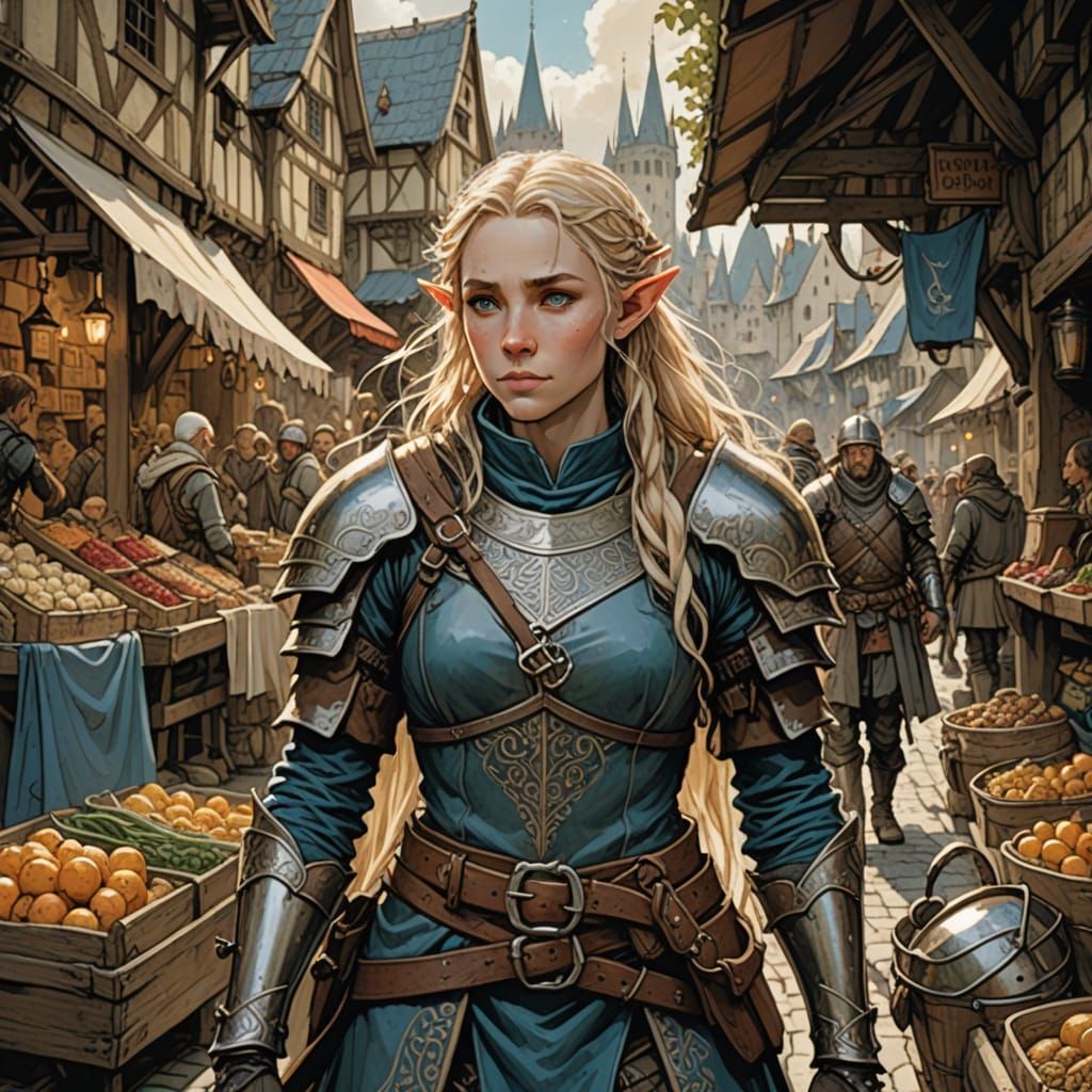 Elf Ranger in Bustling Medieval Market