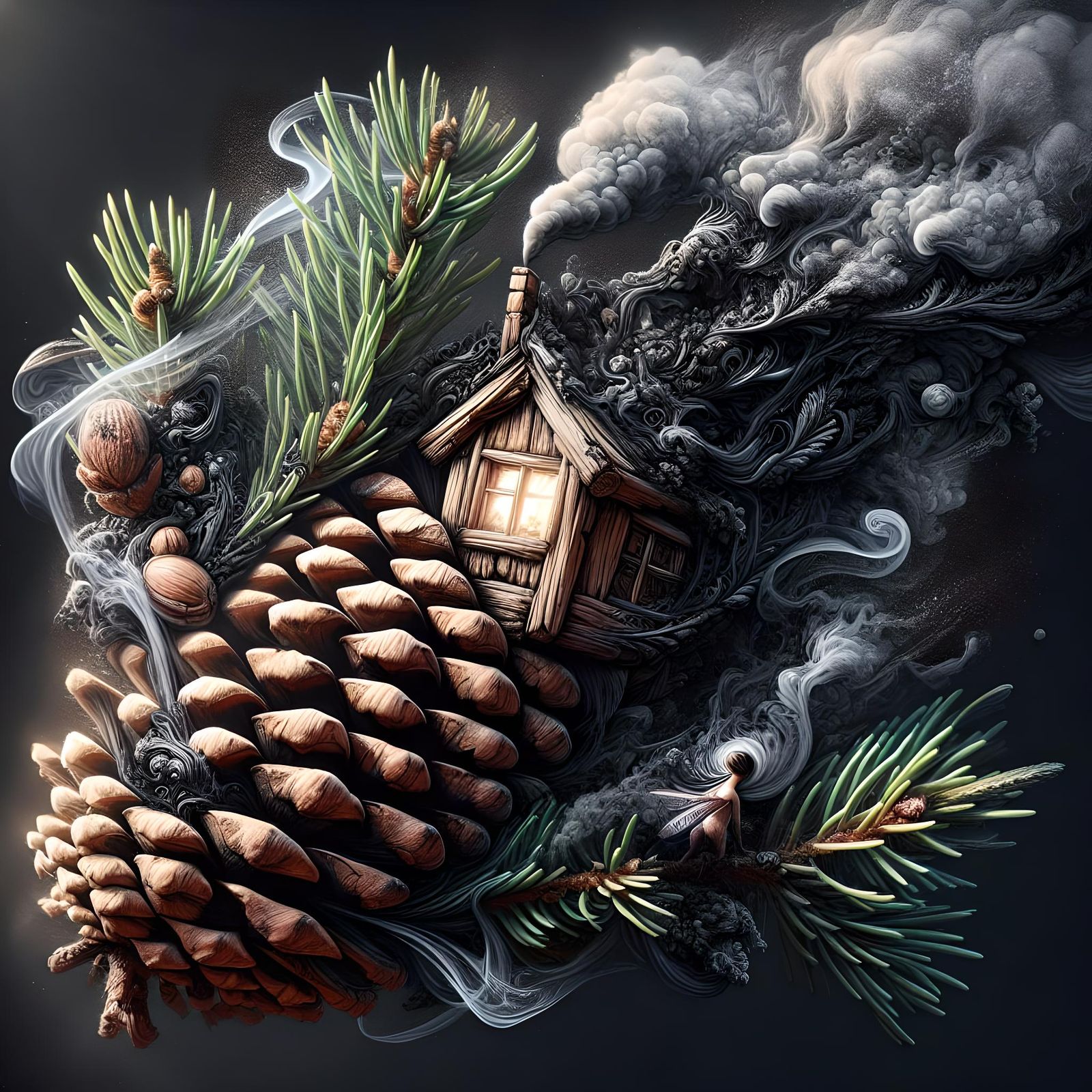 Intricate Fairy House in Pine Cone, Digital Art