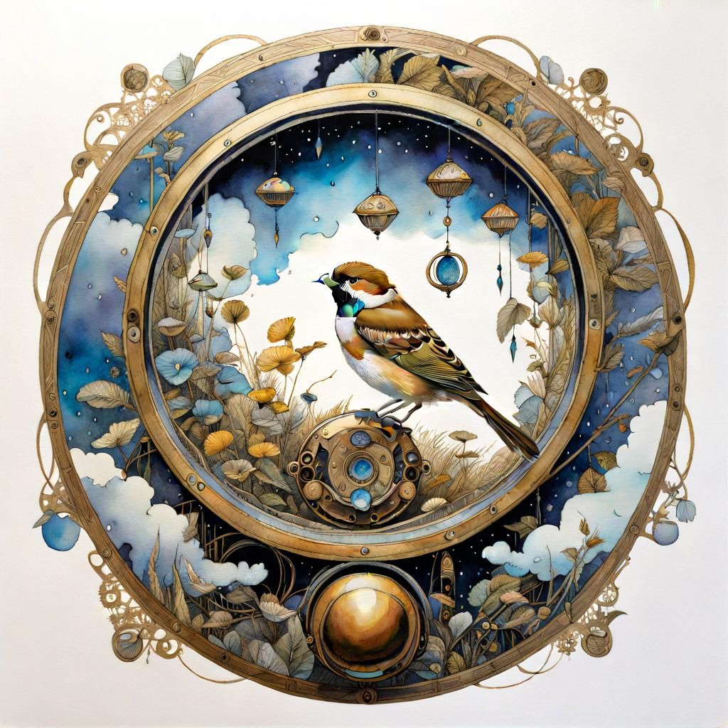 Dreamy Tambourine in Cloud Garden, Watercolor Illustration