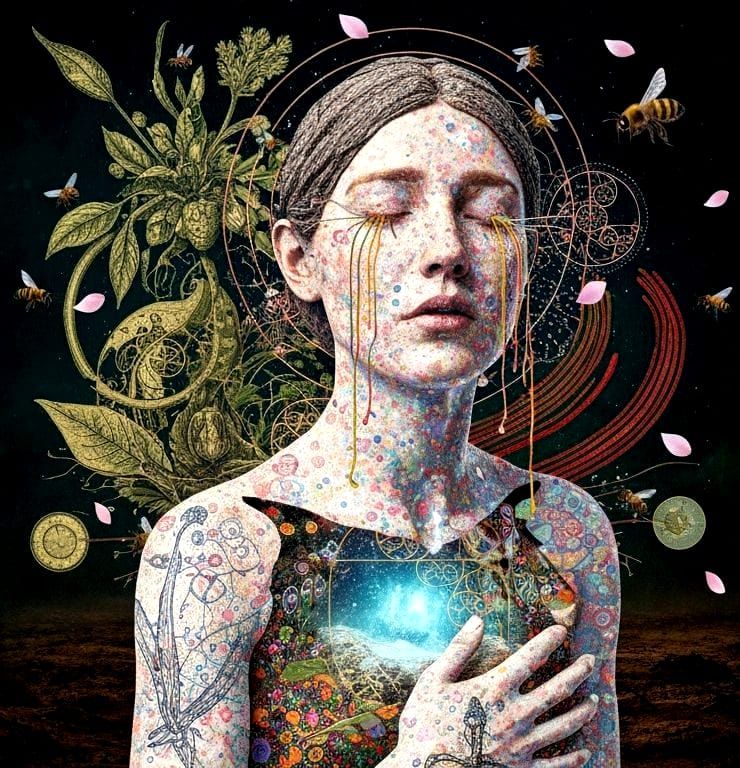 Mystical Bio Art Exile Crying Under Blooming Moonlight