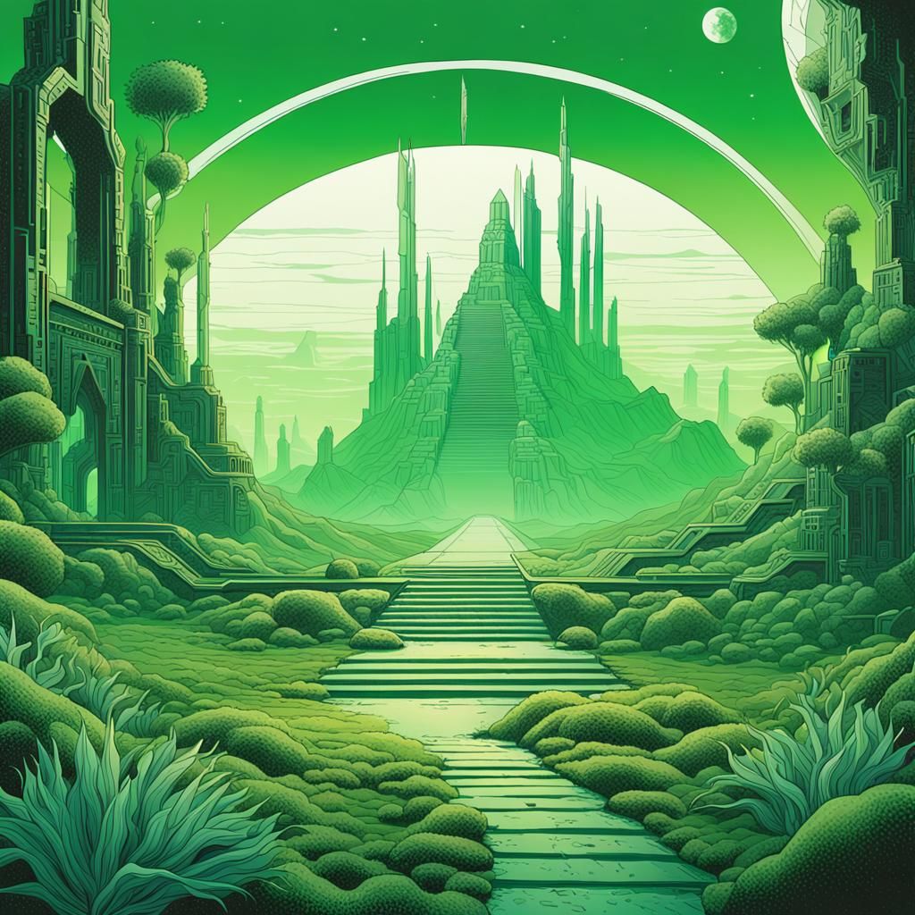 Alien Landscape with Crystals in Retrofuturism Style