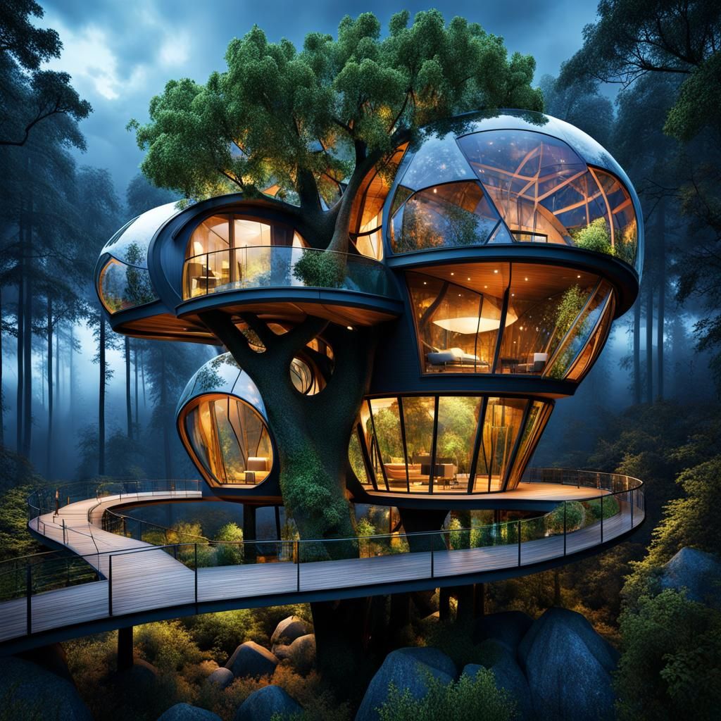 Futuristic Treehouse of Living Trees and Glass