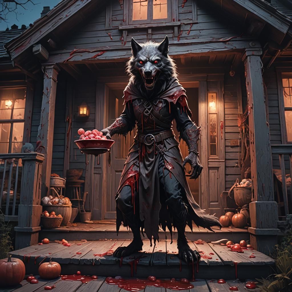 Female Werewolf on Porch: Halloween Concept Art