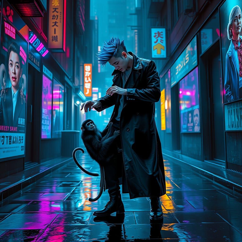 Cyberpunk Figure Disciplines Monkey in Rainy Alley