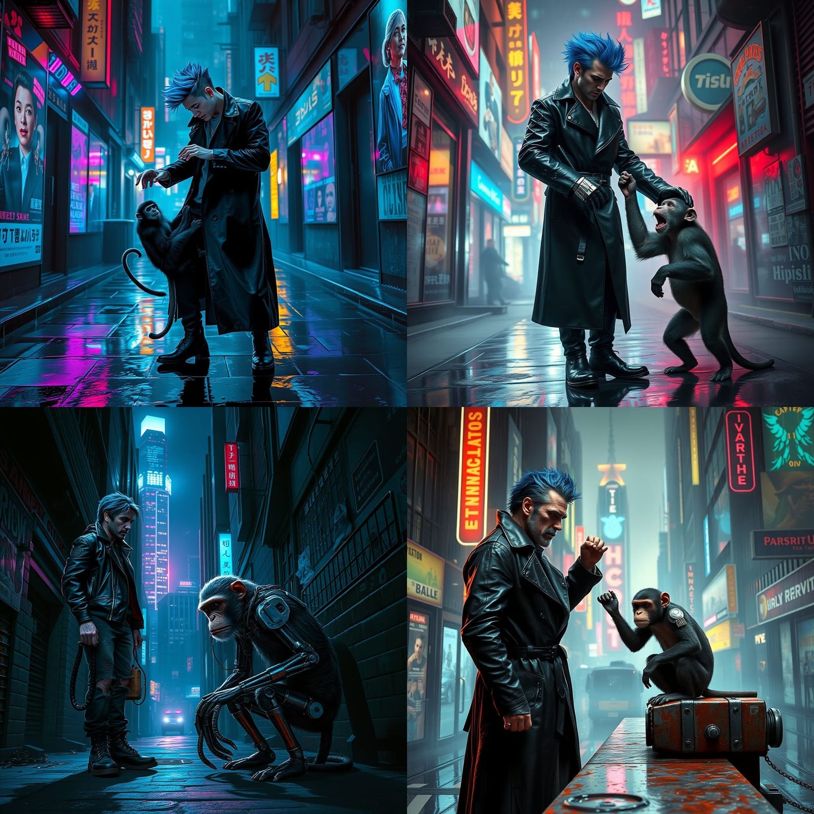 Cyberpunk Man and Monkey in Neon Cityscape