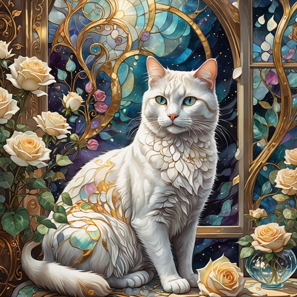 Art Nouveau Roses and Cat, Cosmic Astral Illustration