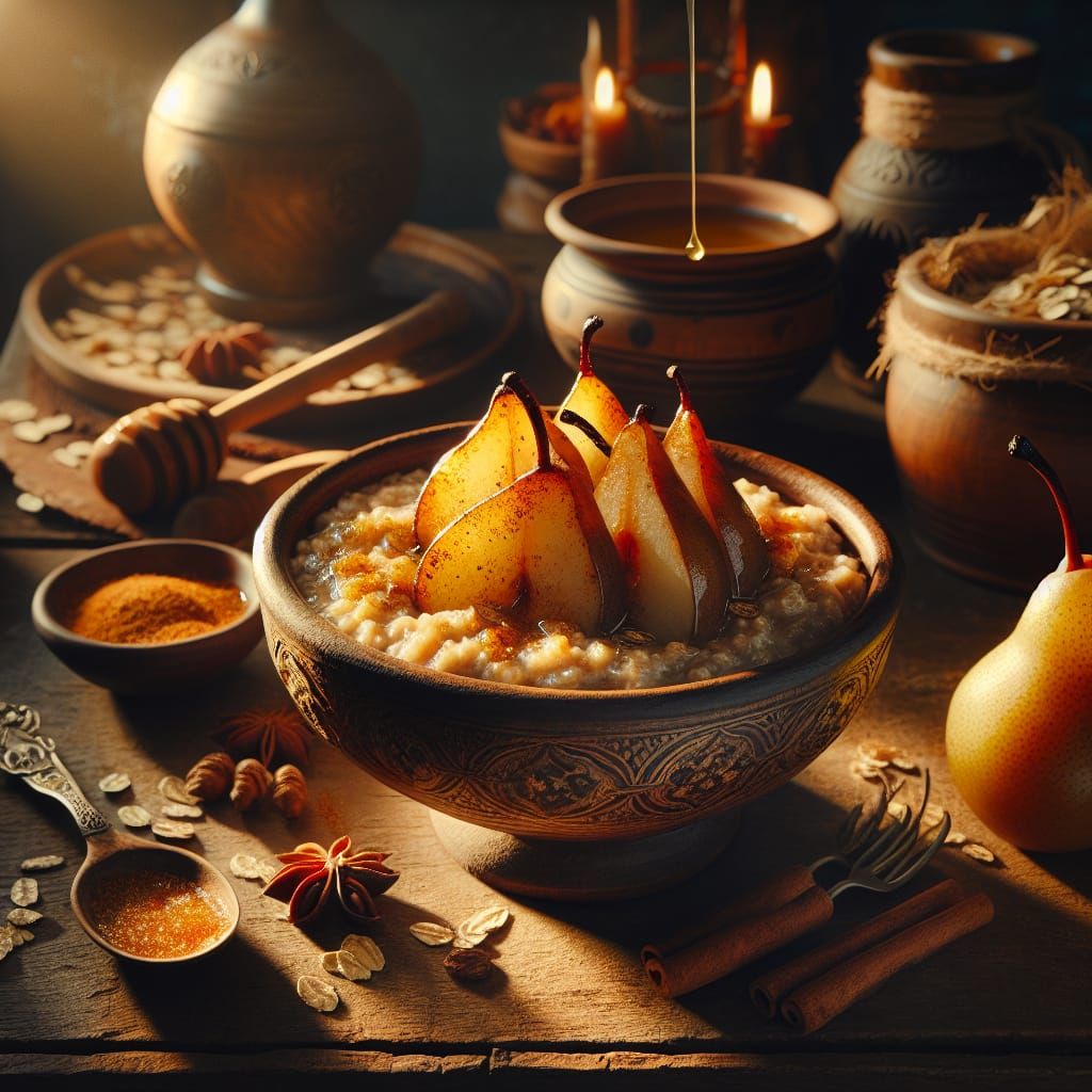 Medieval Oatmeal with Honey and Spiced Pears