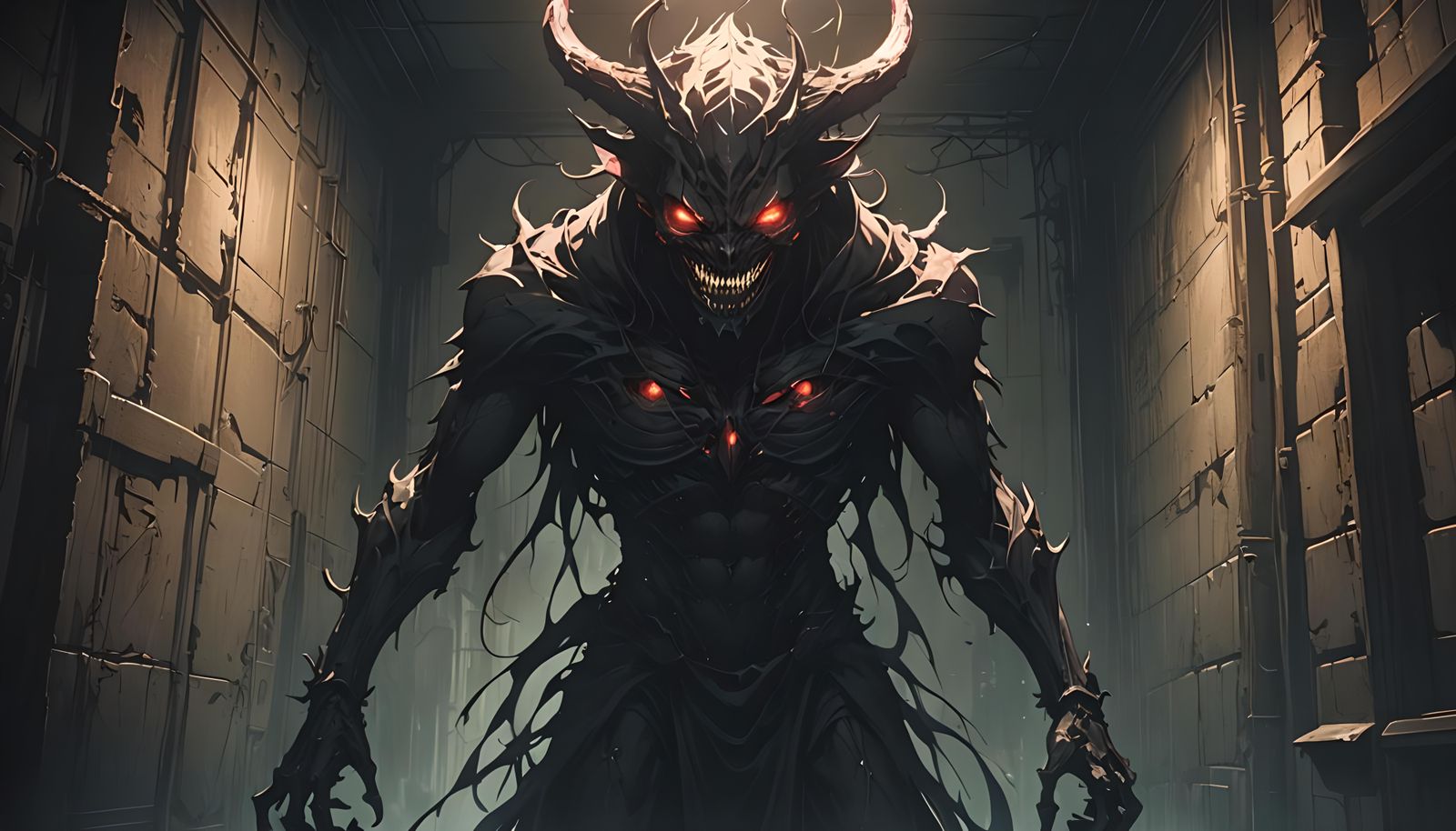 Anime-Inspired Demonic Being in Shadowy Realm