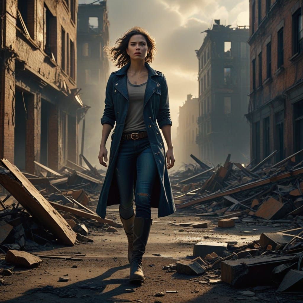 Strong Woman Stands Tall in Ruined Cityscape in Moody Cinema...