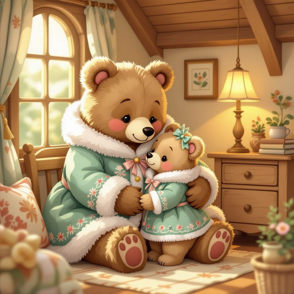Mother and Cub Cuddle in Cozy Home, Illustrated Style