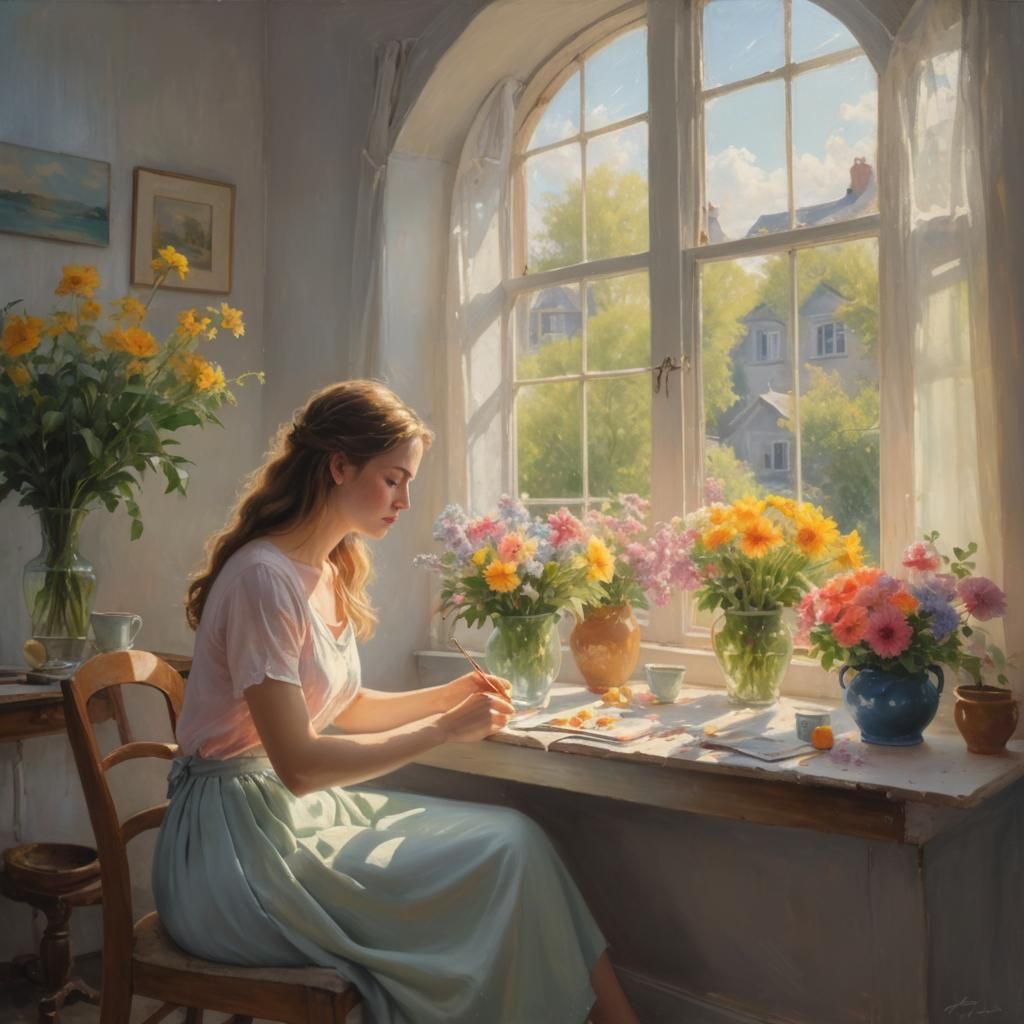 Young Woman Painting: Oil Painting in Pastel Colors