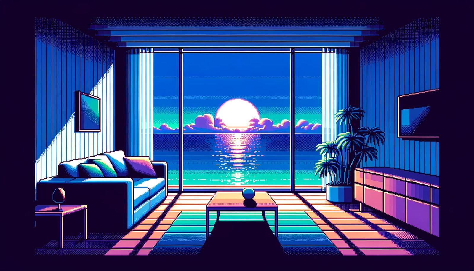 Vintage Video Game Lounge Scene with Sunset