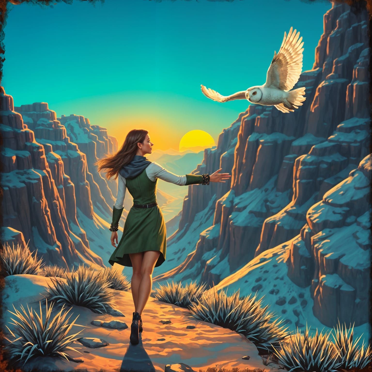 Futuristic Woman and Owl in Canyon Dreamscape