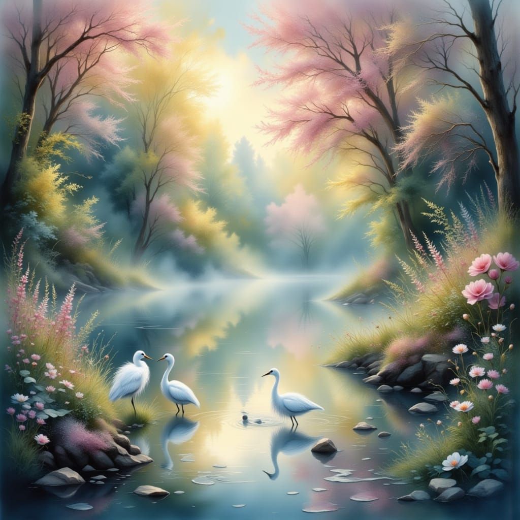 Whimsical Lake with Egrets in Mystical Anime Style