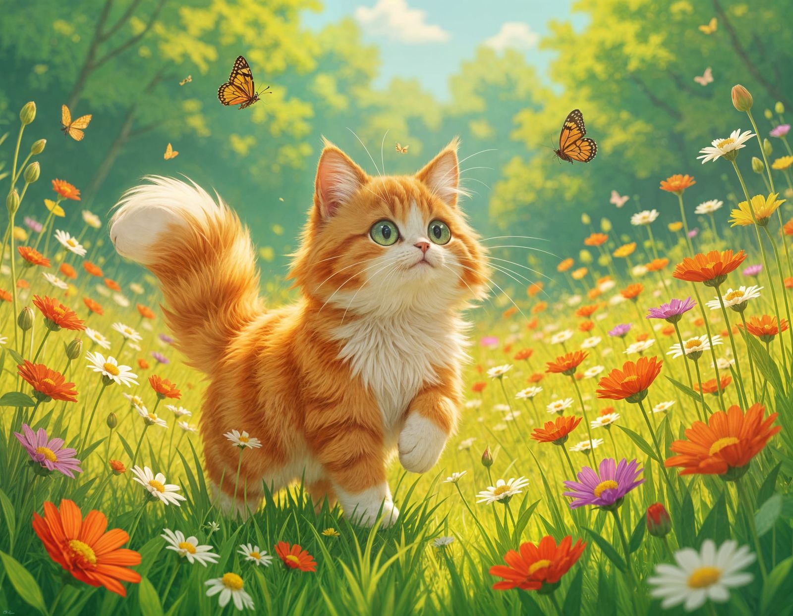 Orange Cat Chasing Butterflies in Ghibli-Inspired Meadow