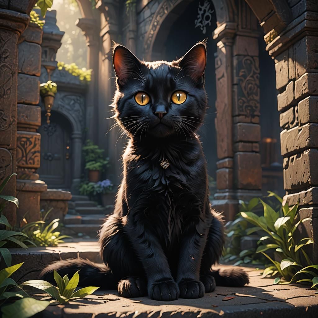 Cute Black Kitty in Shadows: Fantasy Concept Art