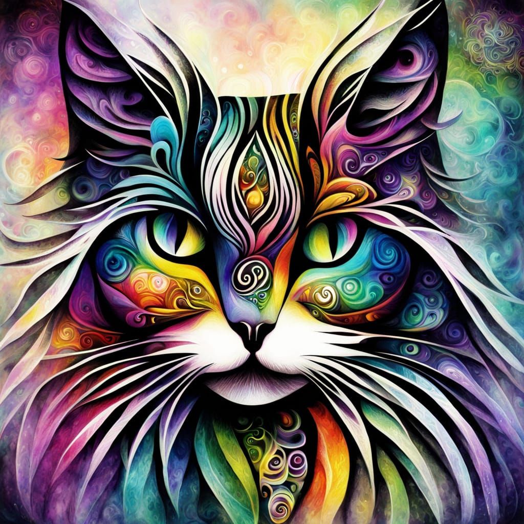 Vibrant Whimsical Cat in Dark Fantasy Setting
