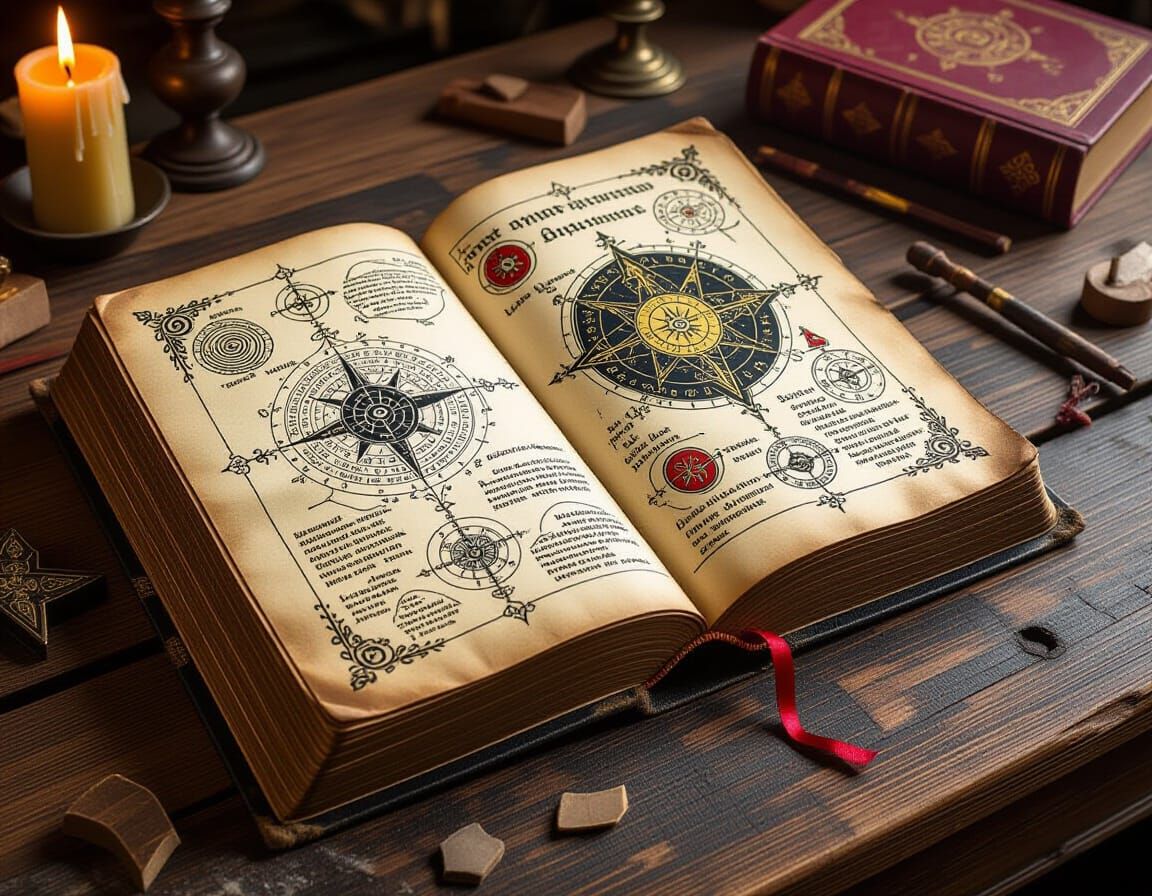 Ancient Magical Book with Mystical Accessories