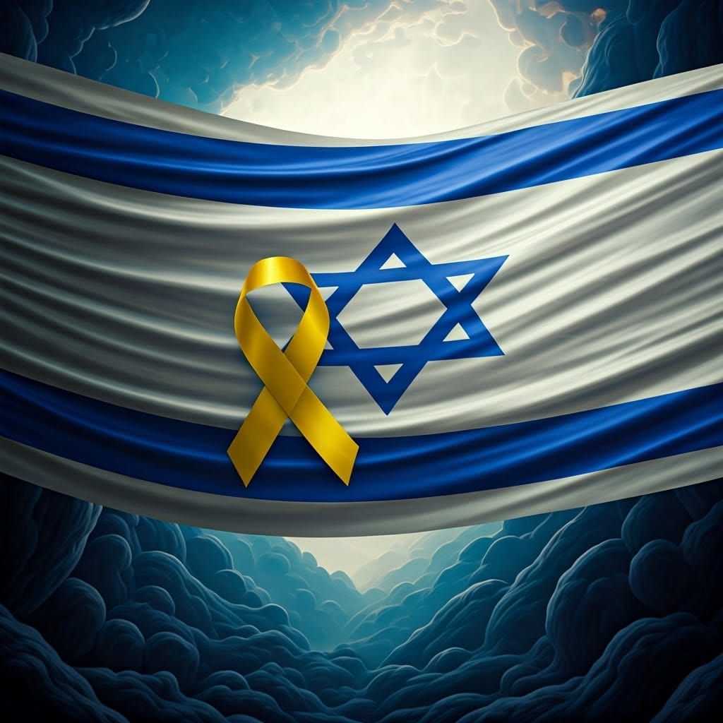 Israeli Flag with Yellow Ribbon in Matte Painting Style