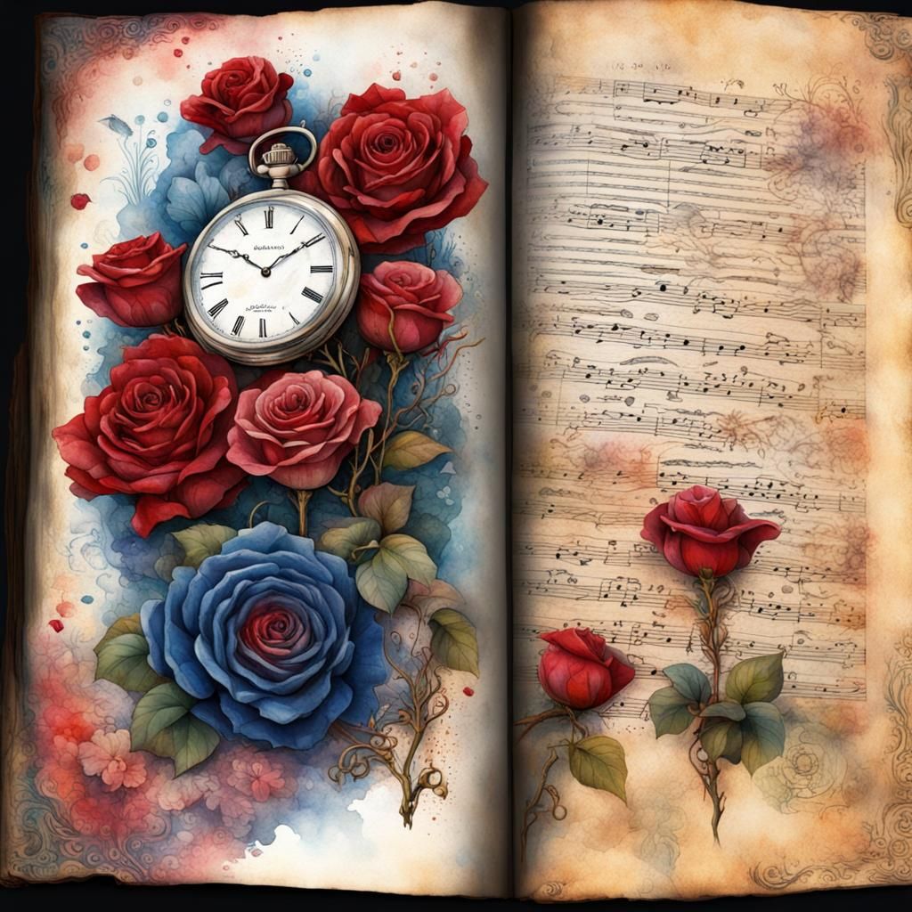 Red and Blue Roses on Journal Page in Watercolor