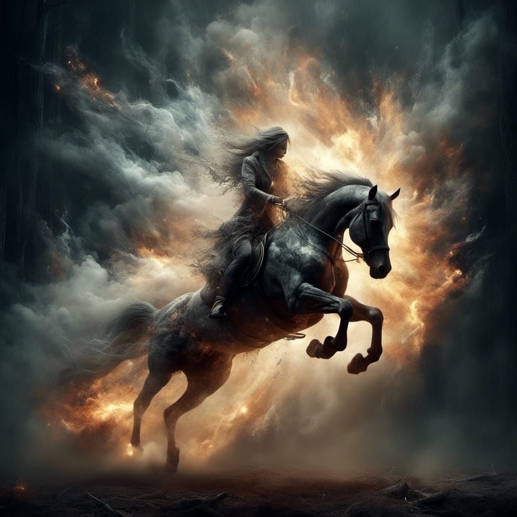 Horse and Rider Exploding from Dark Portal