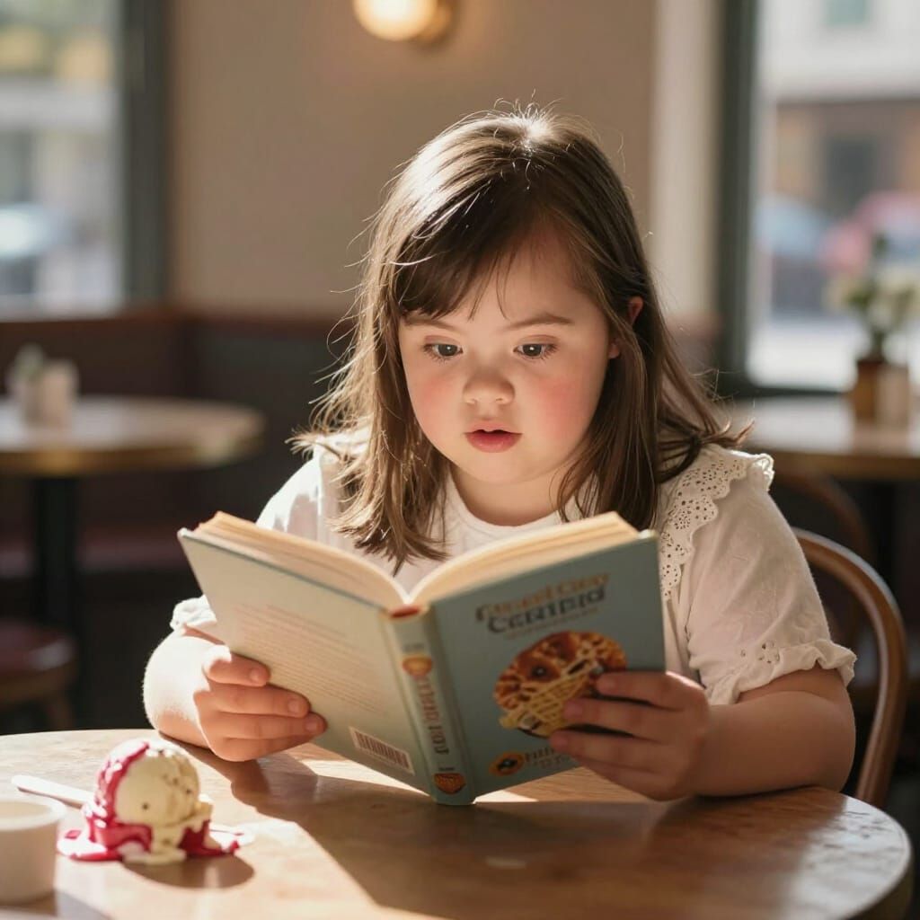 Girl Reading in Cafe with Sunlight and Ice Cream