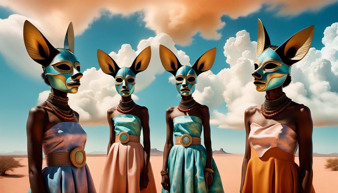 Surreal Desert Scene with Jackal Masks in Dreamlike Style