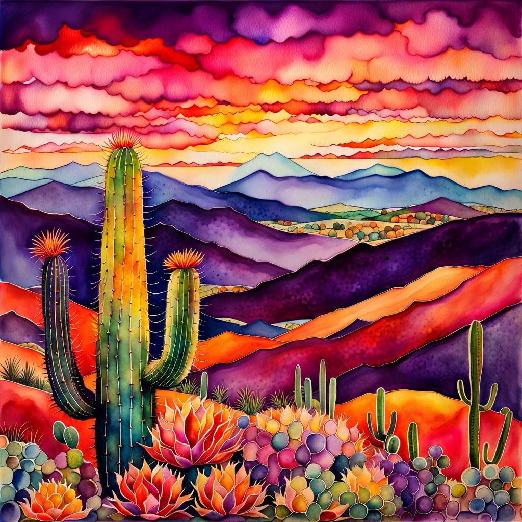 Vibrant Cactus Flower Sunset: Watercolor and Ink
