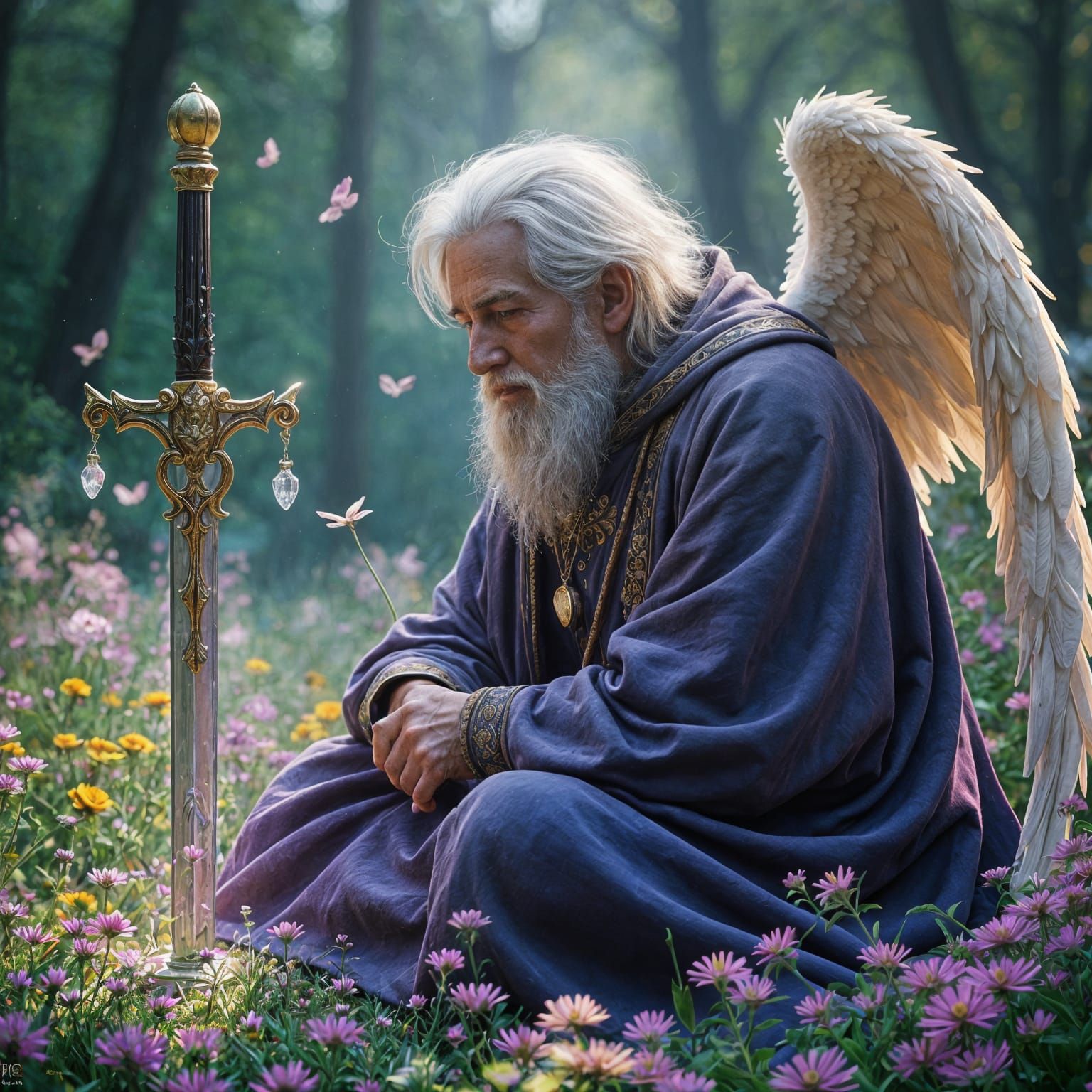 Old Angel Comforted in Flower Field