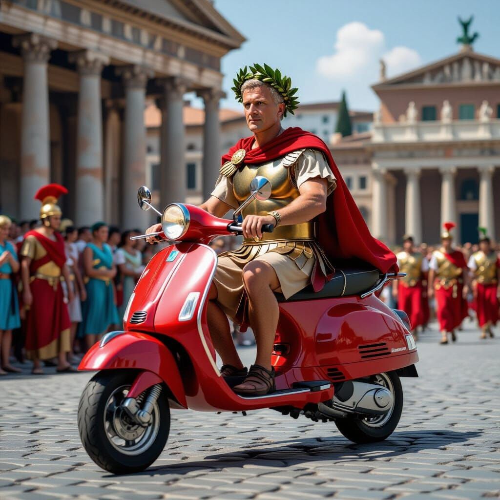 Julius Caesar Rides a Red Vespa Through Ancient Rome