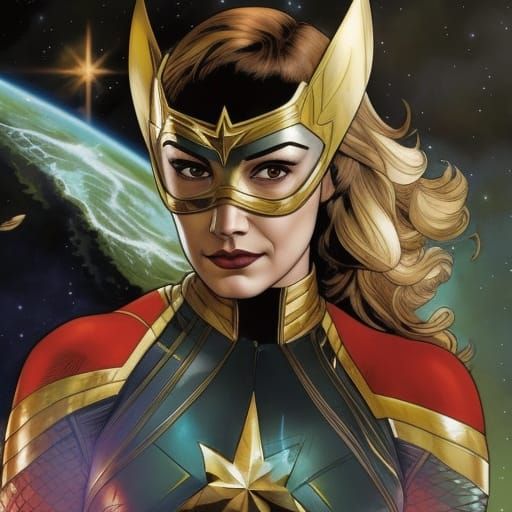 Captain Marvel Flying in Space Comic Book Art