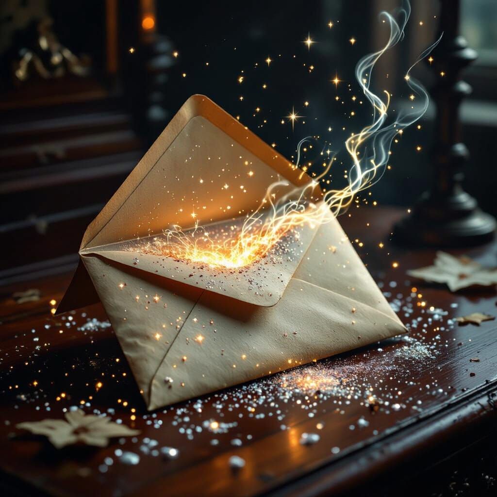 A vintage, ornate envelope lies open on a dusty mahogany des...