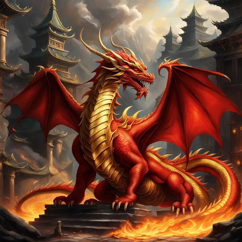 Sleeping Red-Golden Dragon on Hoard of Treasure