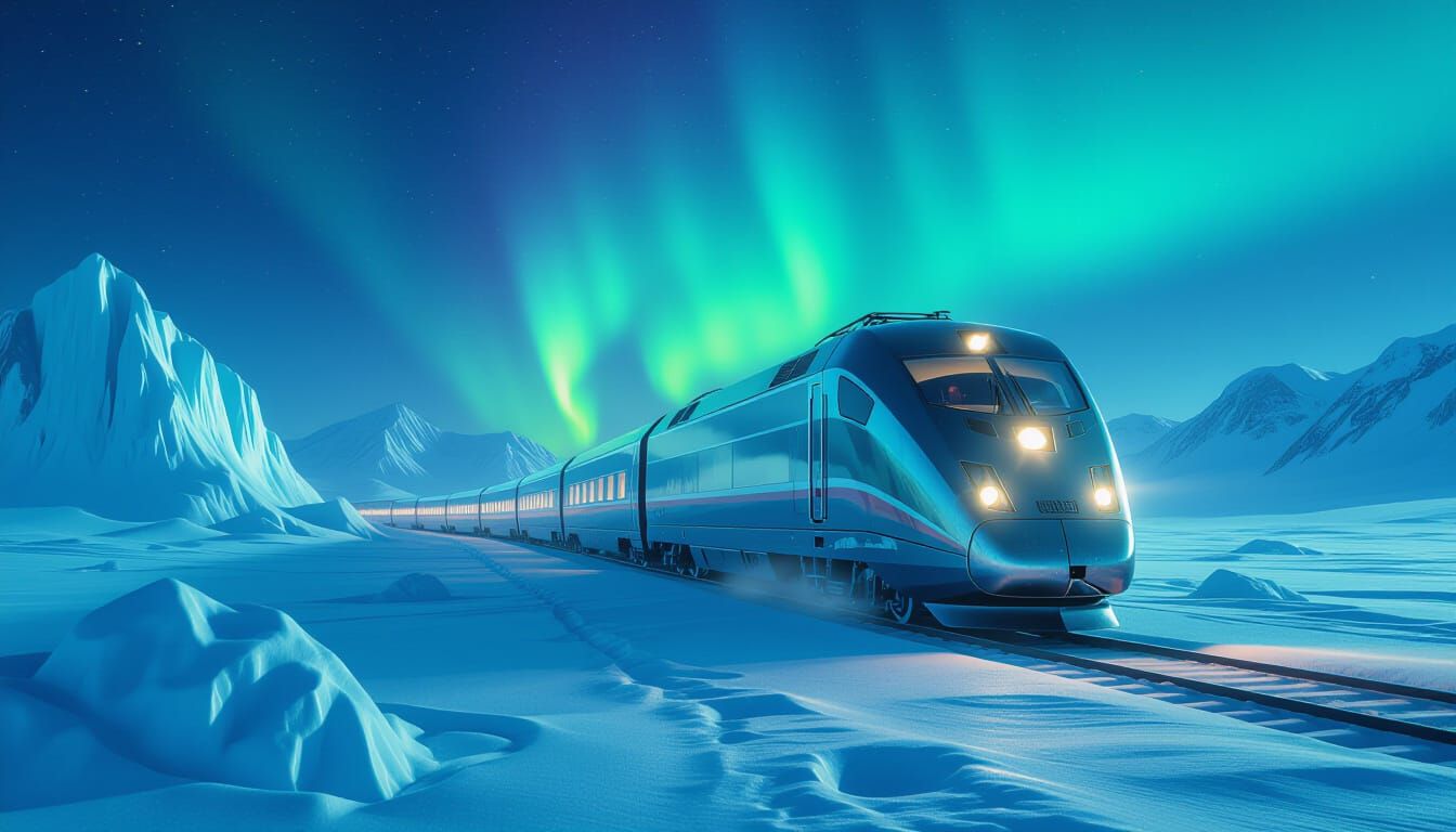 Retro-Futuristic Arctic Train Under Aurora Borealis