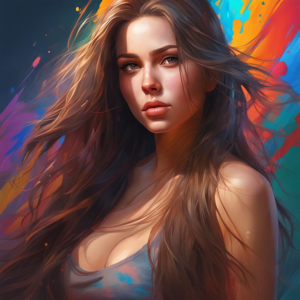 Hyperrealistic Girl with Long Hair Splash Art