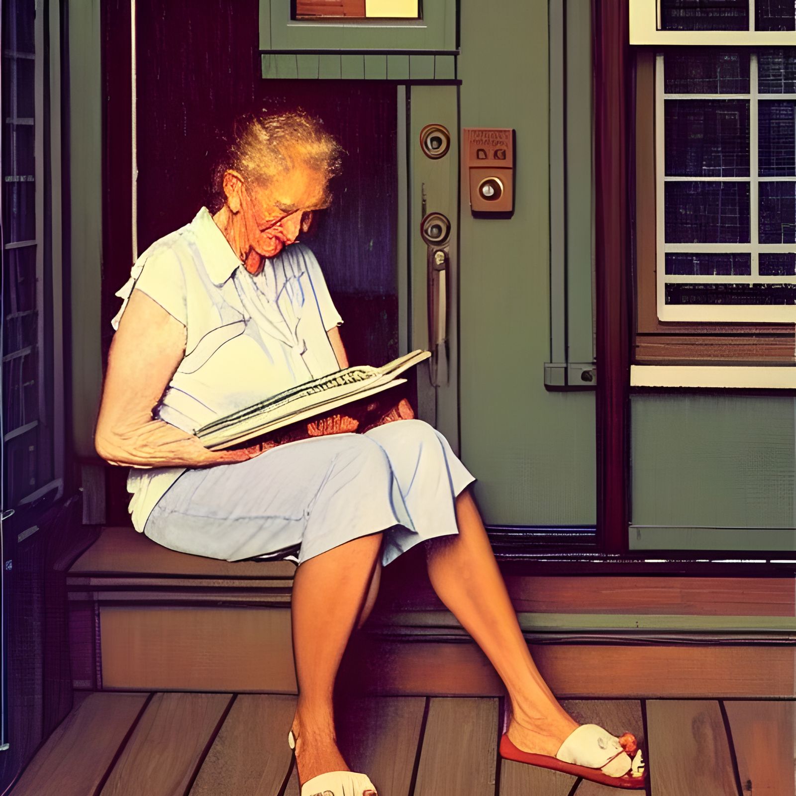 Tired Mom on Porch in Rockwell Style