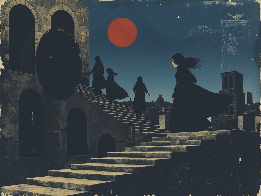 Ethereal Woman Dancing in Dystopian Cathedral Stairway