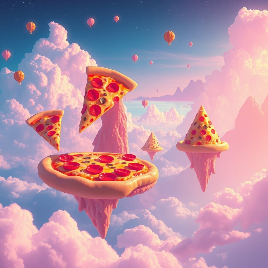A fantasy scene where pizza slices float like islands in the...