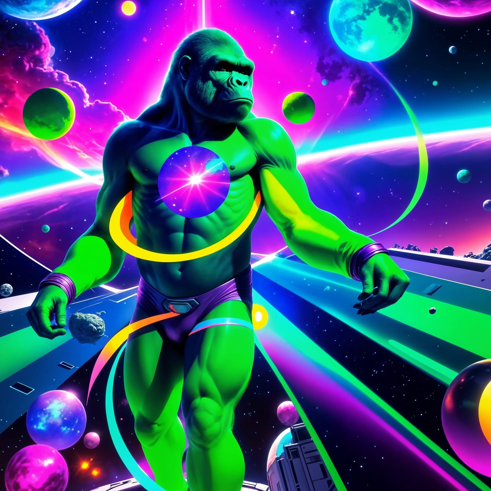 Surreal Cosmic Gorillas in a Vibrant Purple and Lime Green G...