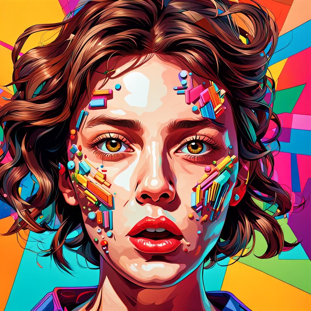 Vibrant Pop Art Woman Vomiting Cylinders