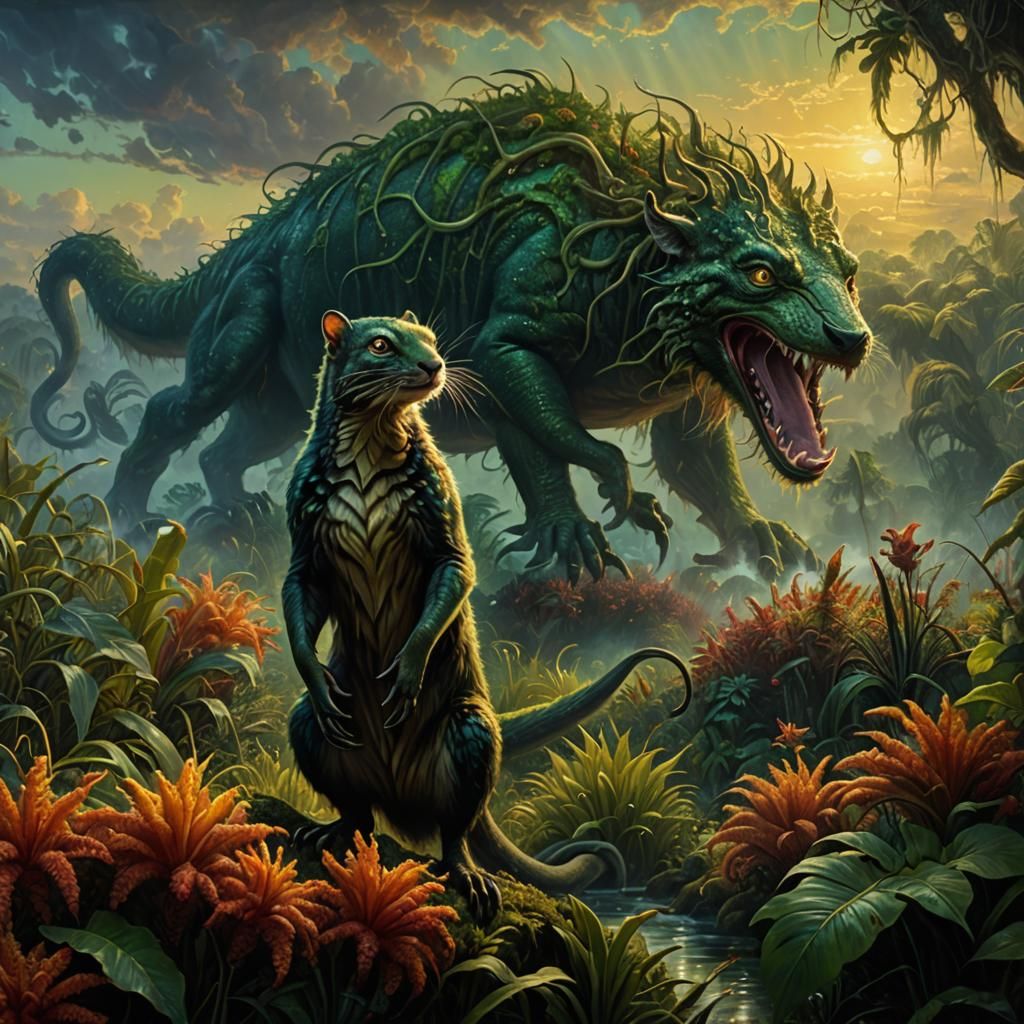 Venomous Mammal in Jungle Blizzard: Surreal Oil Painting