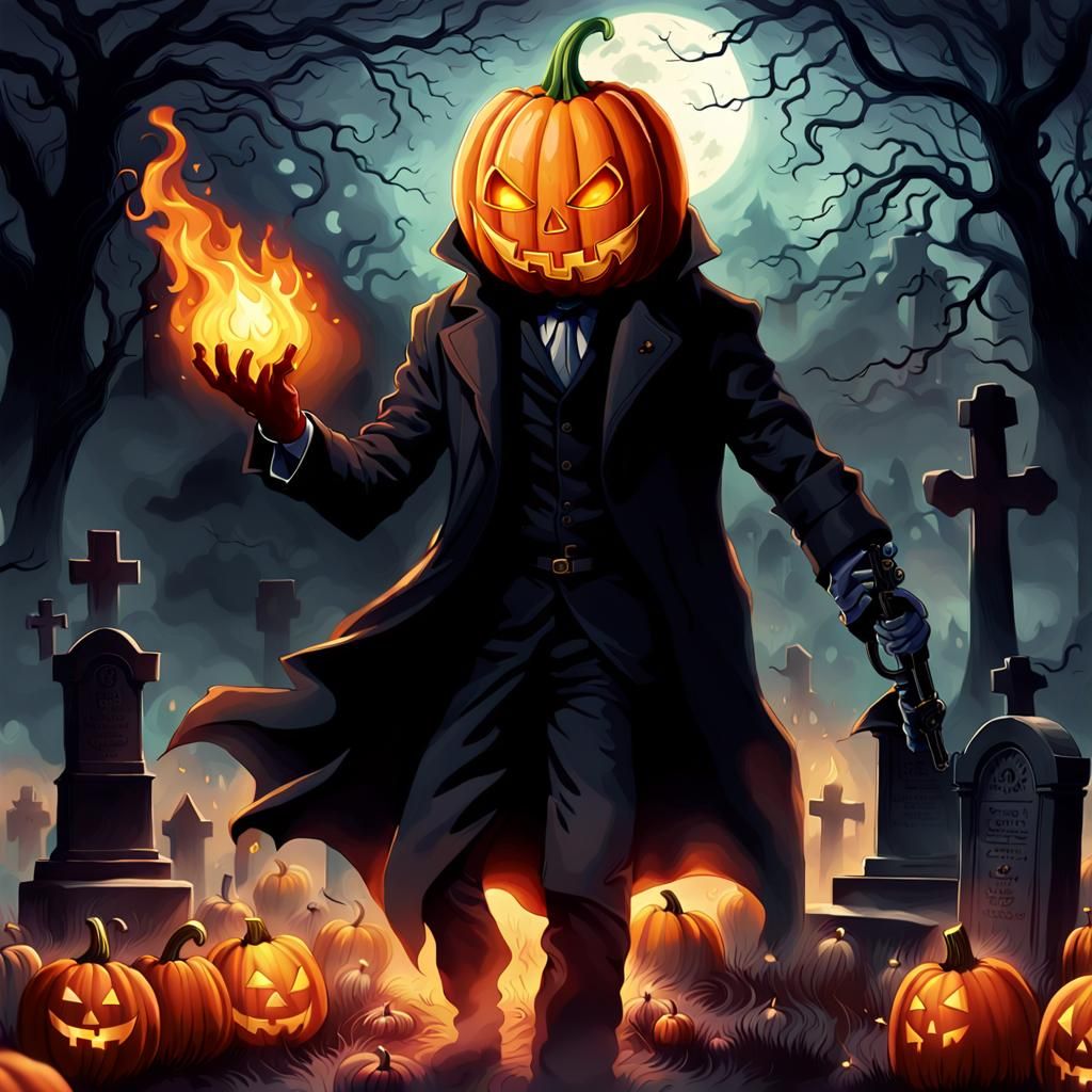 Pumpkin Man in Graveyard Under Moonlight