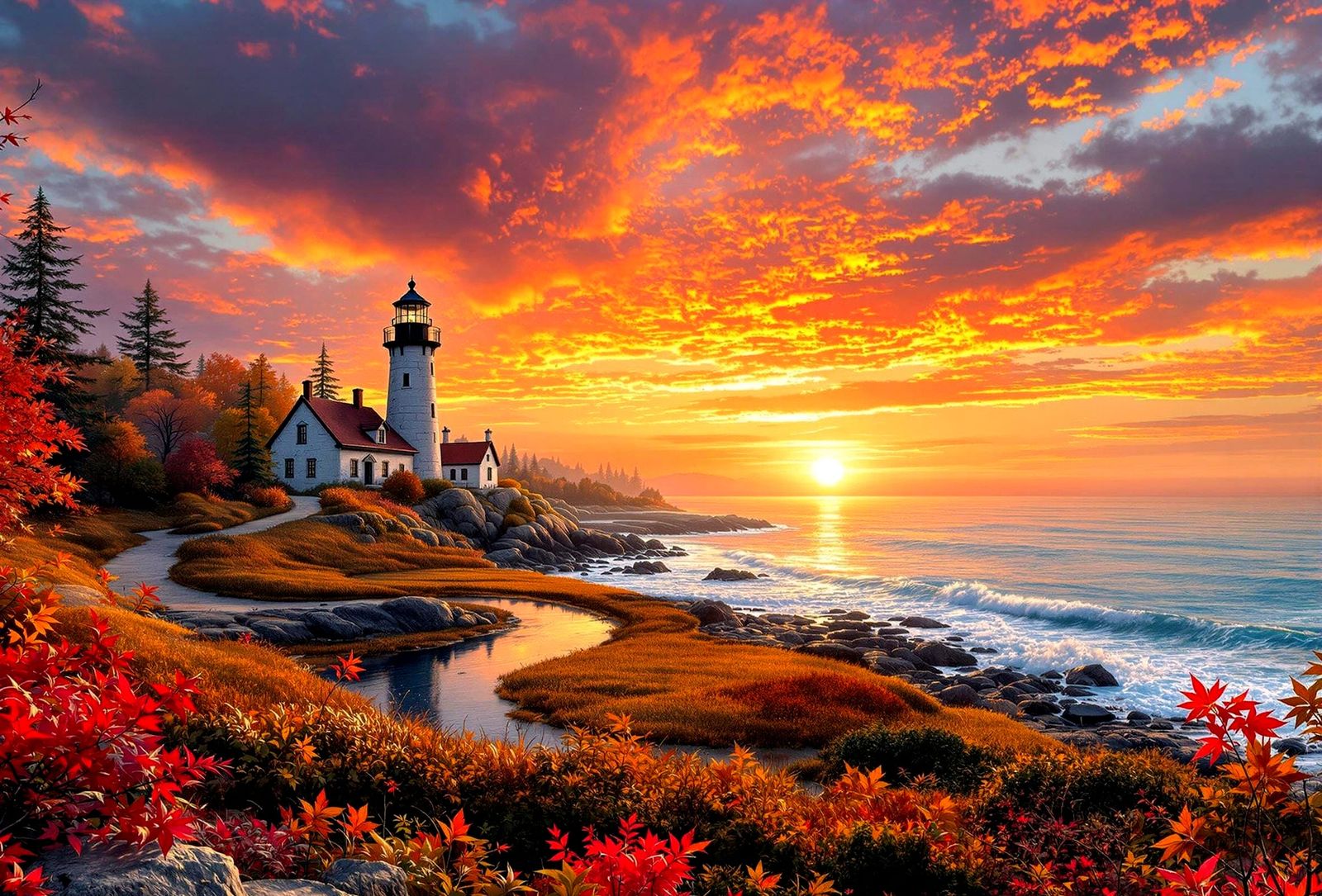 Panoramic Autumn River Sunset with Lighthouse