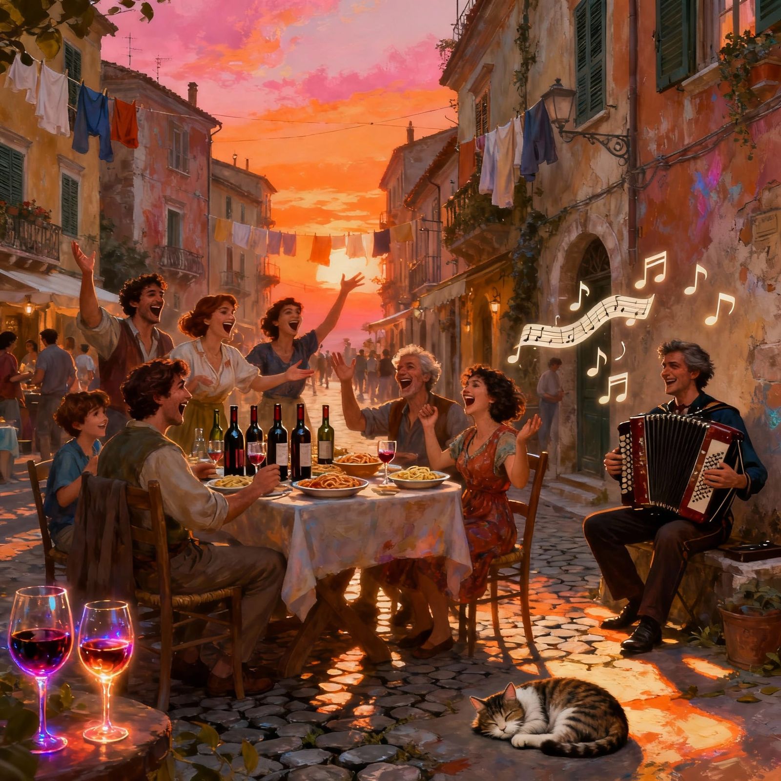 Vibrant Italian Street Scene at Sunset