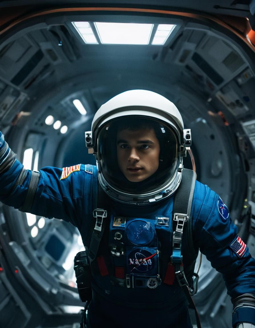 Astronaut in Spacecraft Interior Holding Helmet