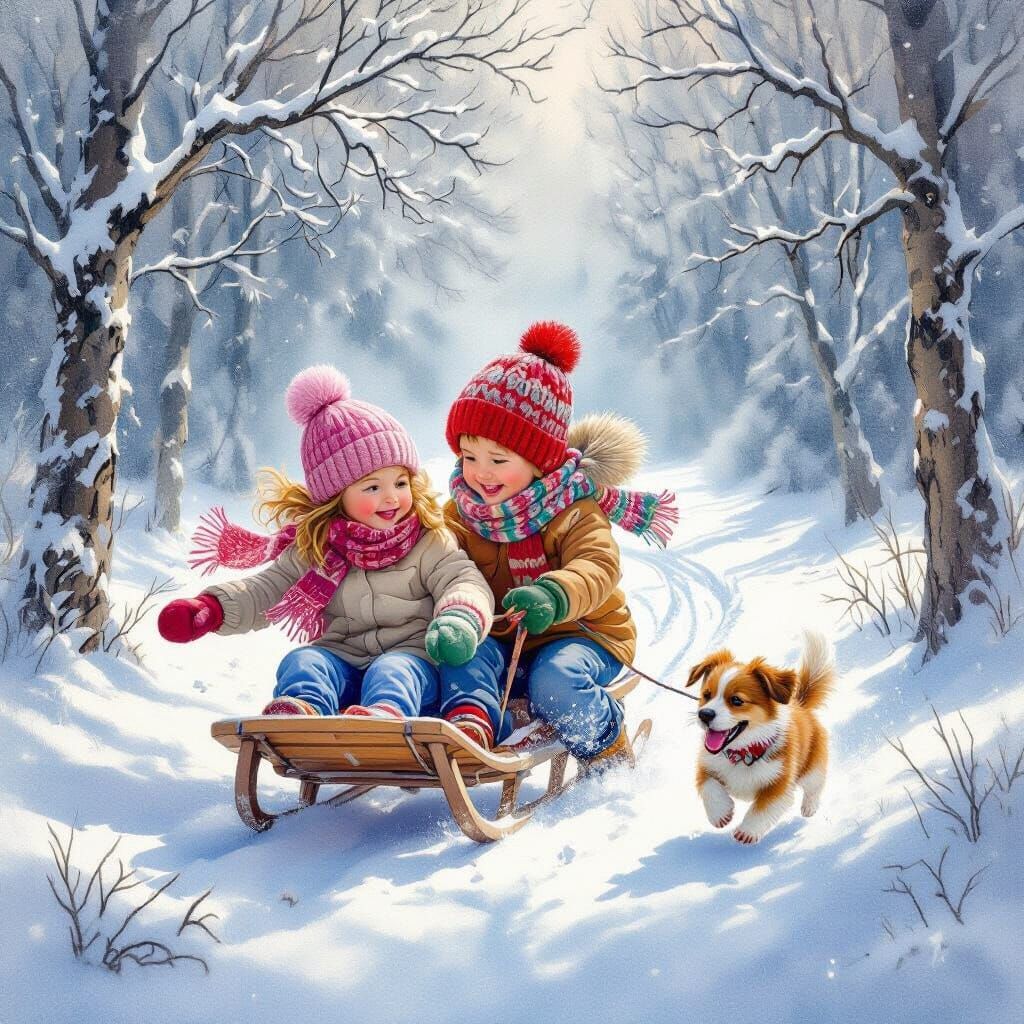 Joyful Winter Sled Ride in Misty Forest