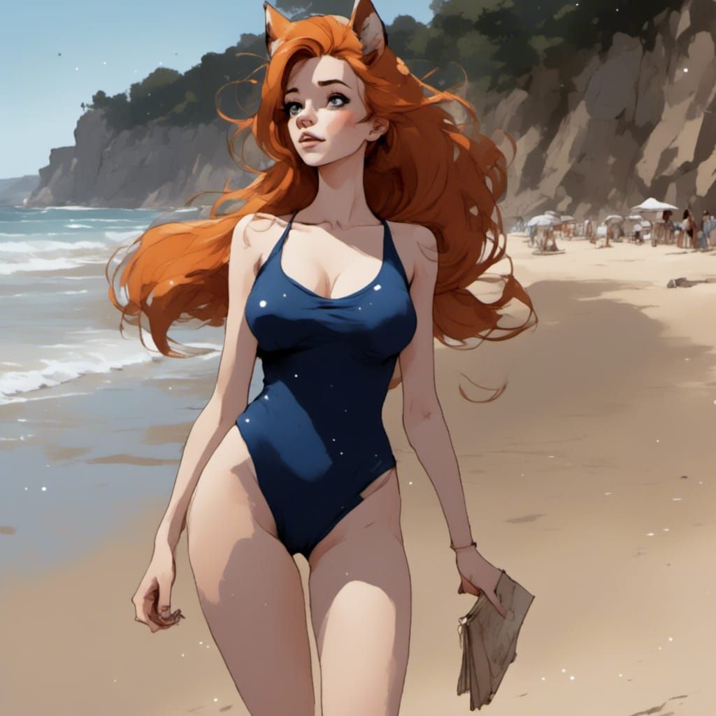Fox-girl VIXEN taking a stroll on the beach.