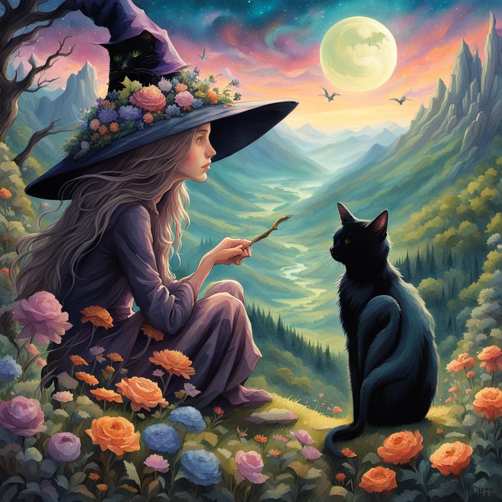 Fantasy Witch with Cat in Cosmic Landscape