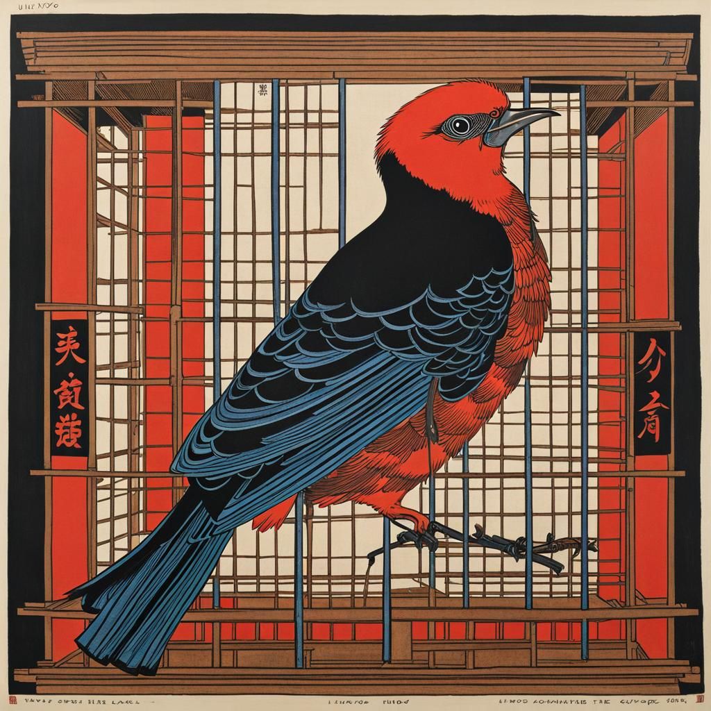 Caged Bird in Ukiyo-e Style